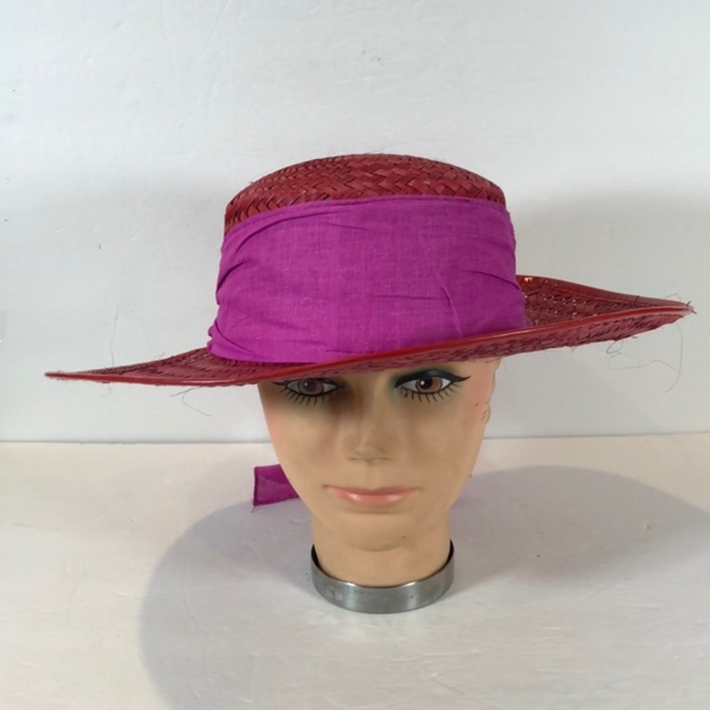 Vintage Womens Hat Red Woven  Red Hat Society Purple Cloth Ribbon